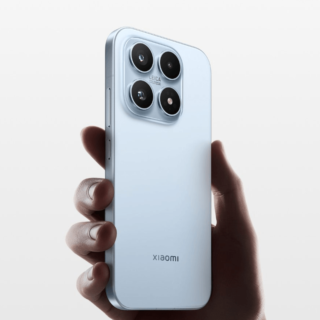 Hand holding a Xiaomi 17 phone on a light gray background