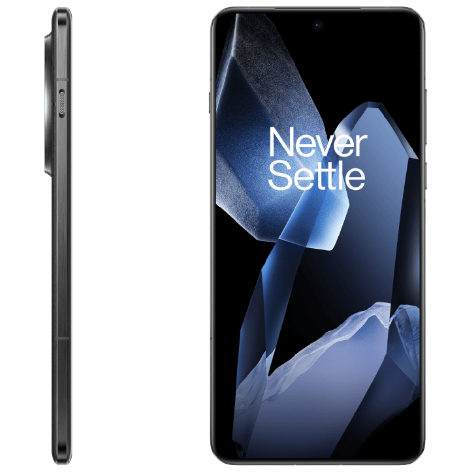 Smartphone with 'Never Settle' slogan on screen, shown from front and side views.
