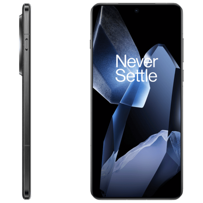 Smartphone with 'Never Settle' slogan on screen, shown from front and side views.