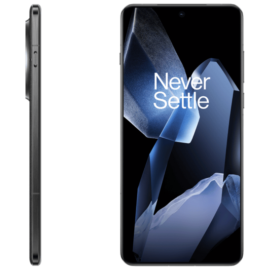Smartphone with 'Never Settle' slogan on screen, shown from front and side views.