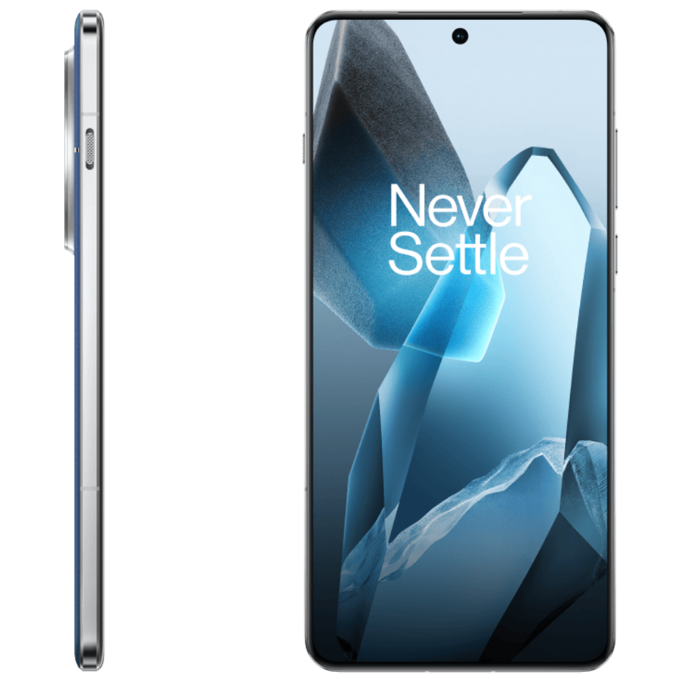 Smartphone with 'Never Settle' slogan on screen, showing front and side views.
