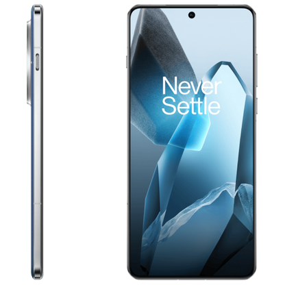 Smartphone with 'Never Settle' slogan on screen, showing front and side views.