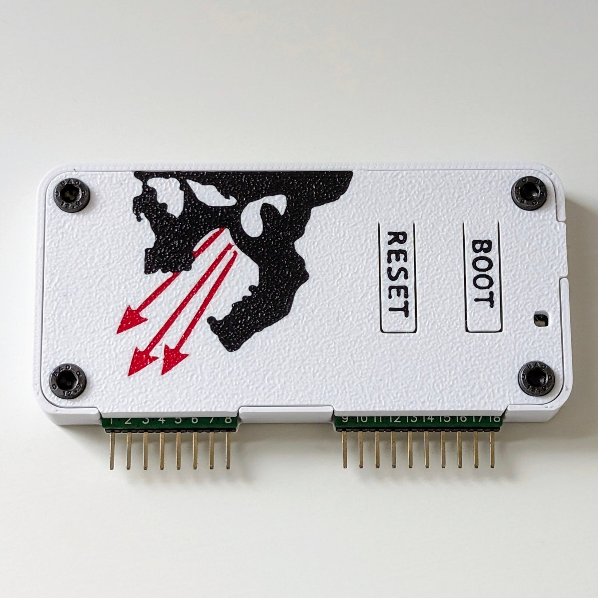 White Flipper Zero Marauder WiFi Dev Board Case module with reset and boot labels on a white background