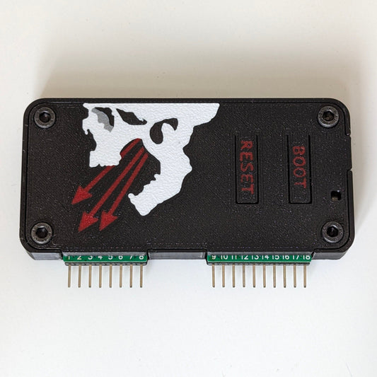 Flipper Zero Marauder WiFi Dev Board Case with skull design and 'Reset' and 'Boot' labels on a white background