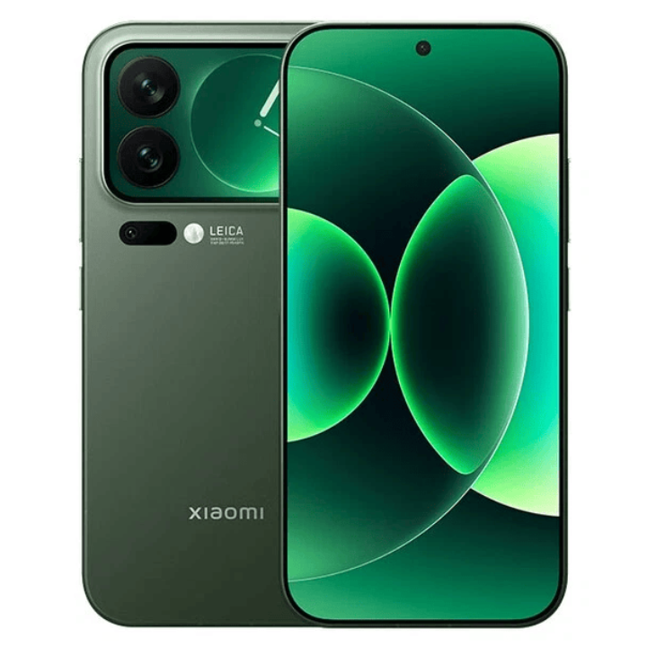 Green Xiaomi smartphone showing front and back on a white background