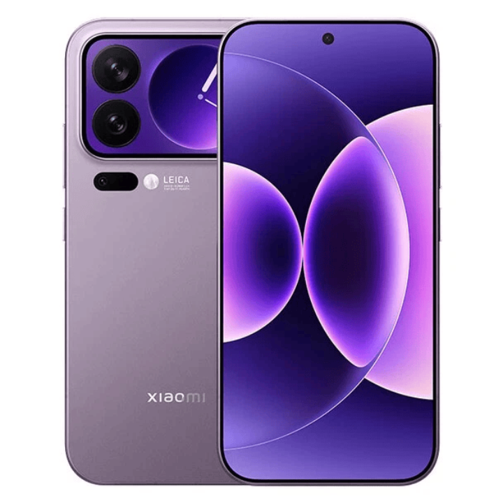 Purple Xiaomi smartphone showing front and back on a white background
