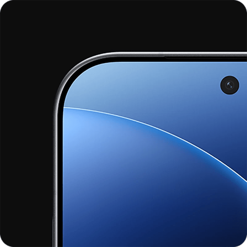 Close-up of a Black Xiaomi 17 Pro bezel smartphone's front camera and glass surface with a blue gradient wallpaper.