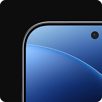 Close-up of a Black Xiaomi 17 Pro bezel smartphone's front camera and glass surface with a blue gradient wallpaper.