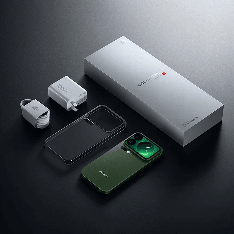 Purple Xiaomi 17 Pro Smartphone and box contents, charger, usbc cable and protective case laid out neatly on a dark surface