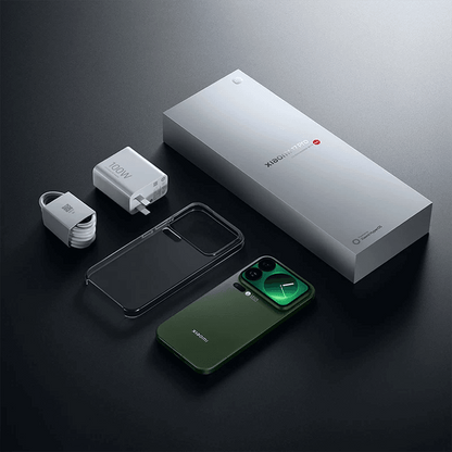 Purple Xiaomi 17 Pro Smartphone and box contents, charger, usbc cable and protective case laid out neatly on a dark surface