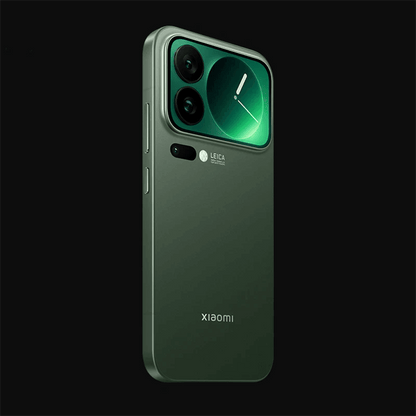 Back of Green Black Xiaomi 17 Pro phone, duel screen with green clock theme shown plus a Leica camera logo on a black background