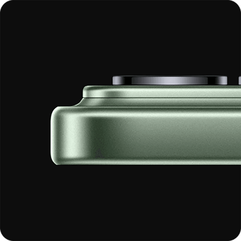 Close-up of a Green Xiaomi 17 Pro smartphone from the sode with camera module on a black background