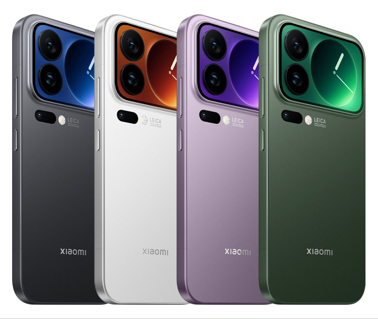 Four Xiaomi smartphones in different colors on a white background