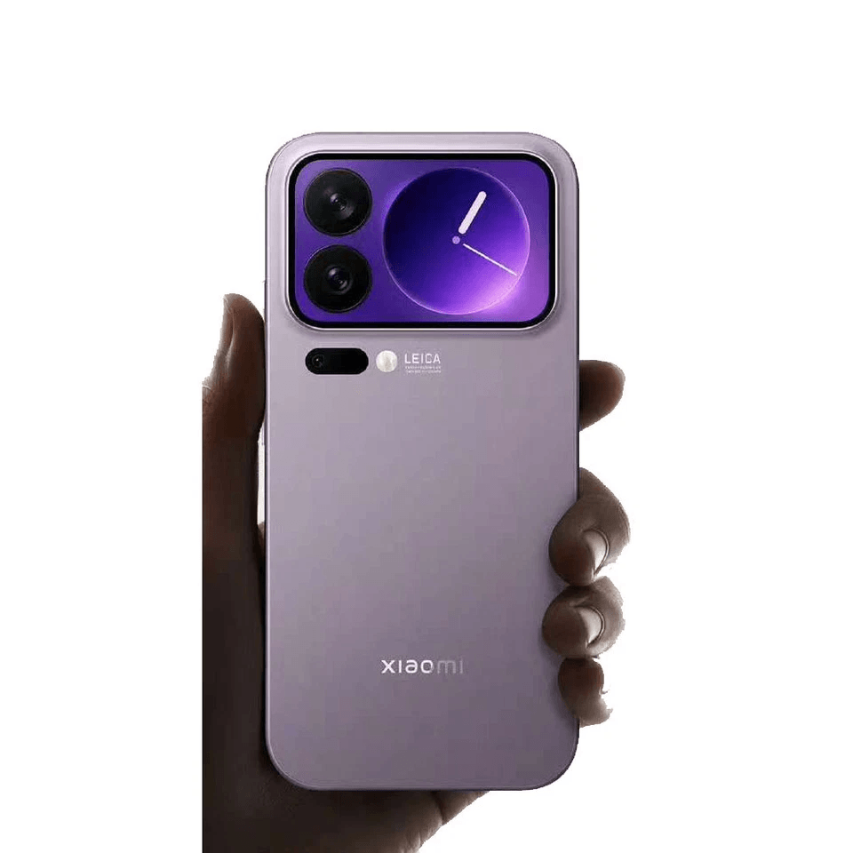 Purple Xiaomi phone held by a hand on a white background
