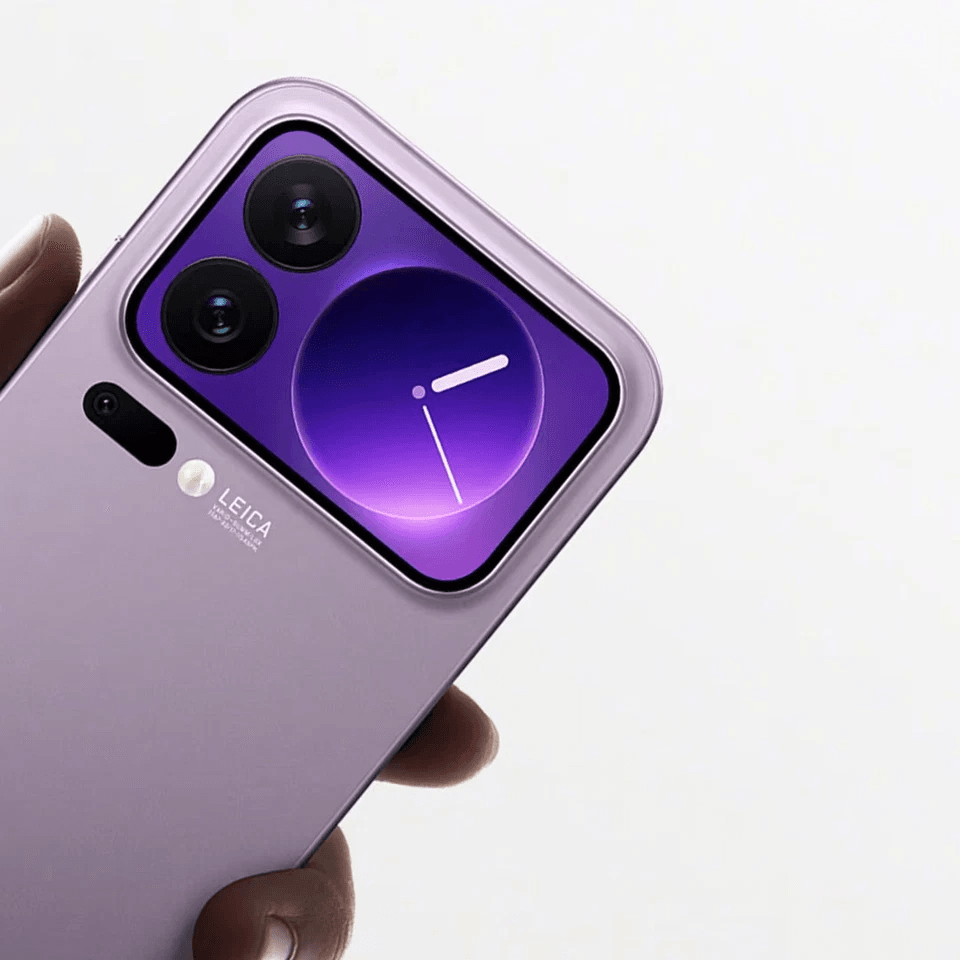 Purple Xiaomi 17 Pro Smartphone with a purple display held by a hand on a light Gray background