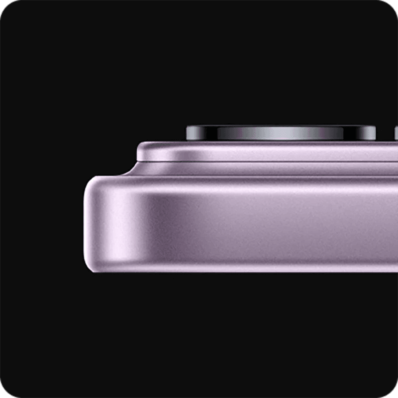 Close-up of a metallic Purple Xiaomi 17 Pro phone with camera lens on a black background