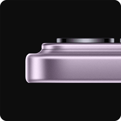 Close-up of a metallic Purple Xiaomi 17 Pro phone with camera lens on a black background