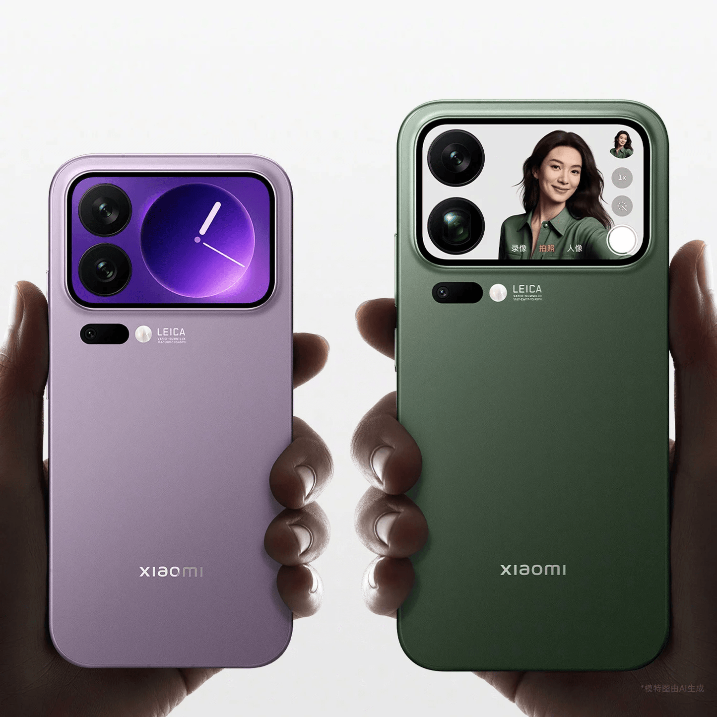 Two Xiaomi 17 series smartphones, one purple 17 Pro and one green Pro Max, held in hands with a white background.