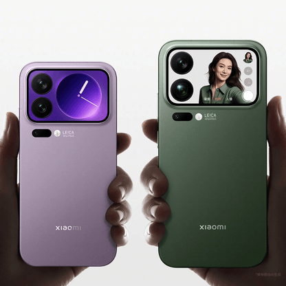 Two Xiaomi 17 series smartphones, one purple 17 Pro and one green Pro Max, held in hands with a white background.