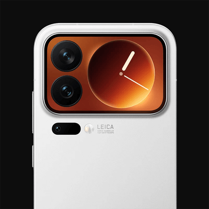 White Xiaomi 17 Pro with Leica logo on a black background. Second duel screen showing with smooth looking orange clock shown