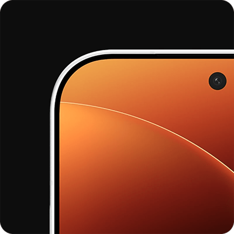 Close-up of a White Xiaomi 17 Pro smartphone slim bezel. Orange gradient  xiaomi wallpaper with a background