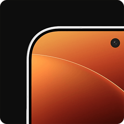 Close-up of a White Xiaomi 17 Pro smartphone slim bezel. Orange gradient  xiaomi wallpaper with a background