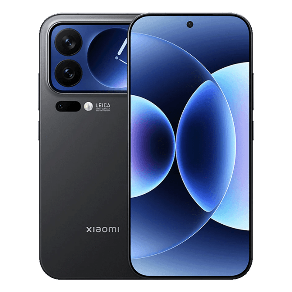 Black Xiaomi smartphone showing front and back on a white background