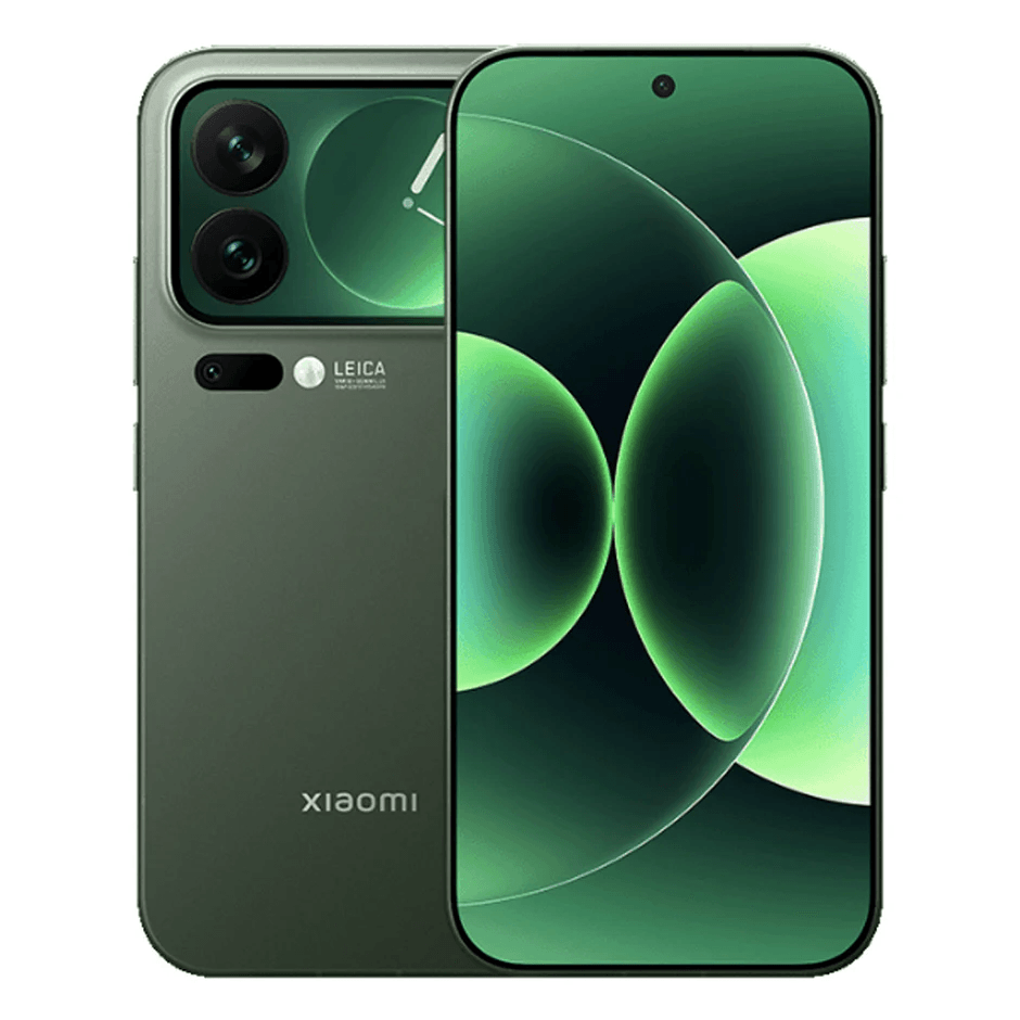 Green Xiaomi smartphone showing back and front views on a white background