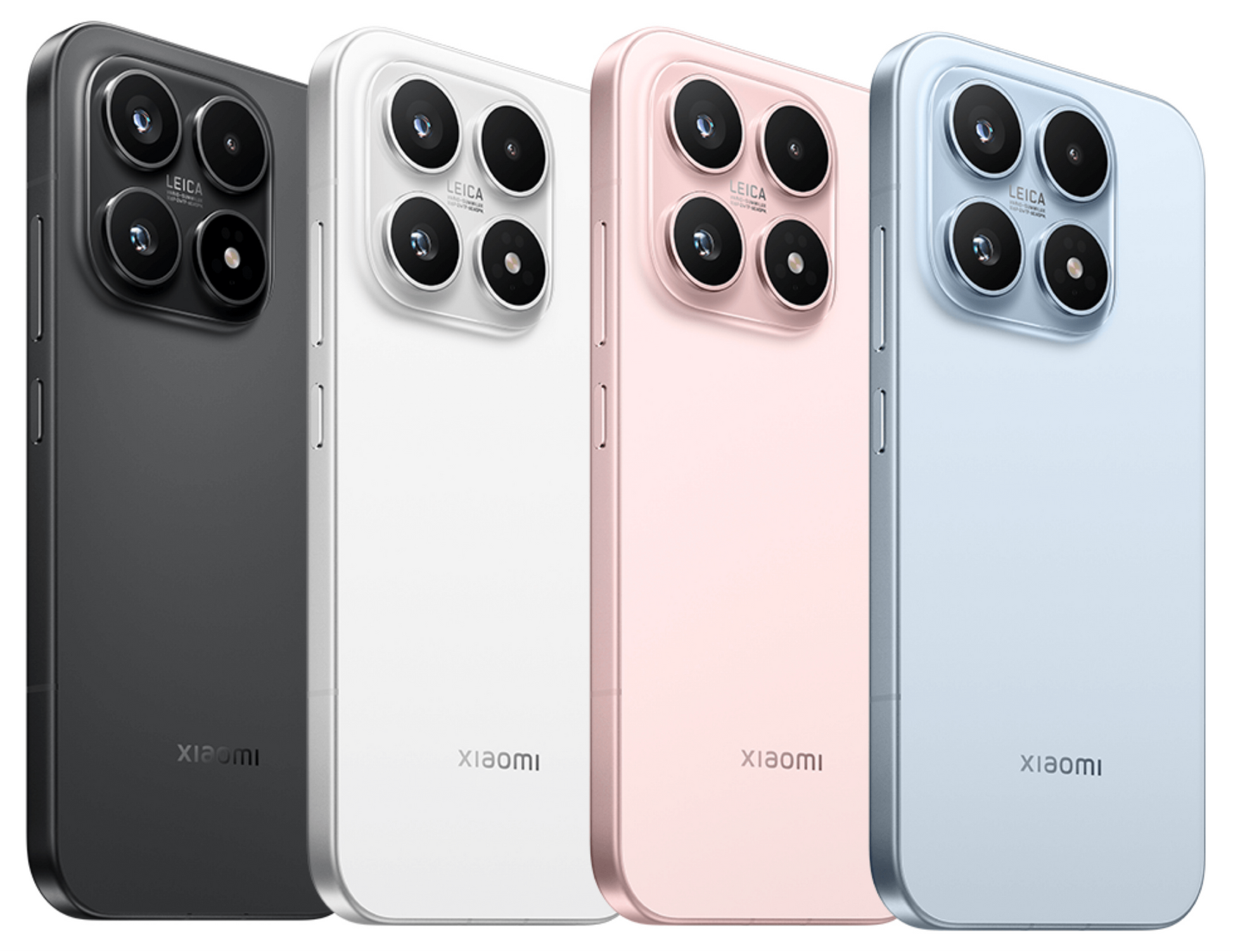Four Xiaomi 17 smartphones in black, white, pink, and blue on a white background