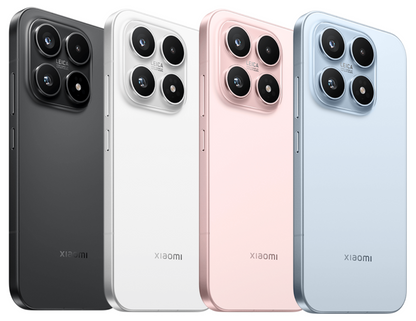 Four Xiaomi 17 smartphones in black, white, pink, and blue on a white background