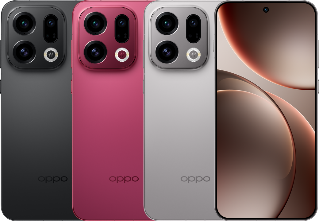 Three different colored Oppo smartphones displayed side by side.