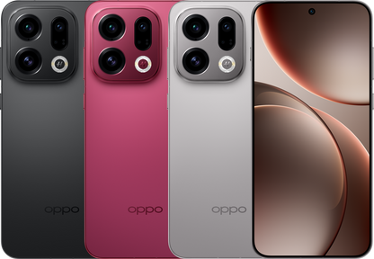 Three different colored Oppo smartphones displayed side by side.