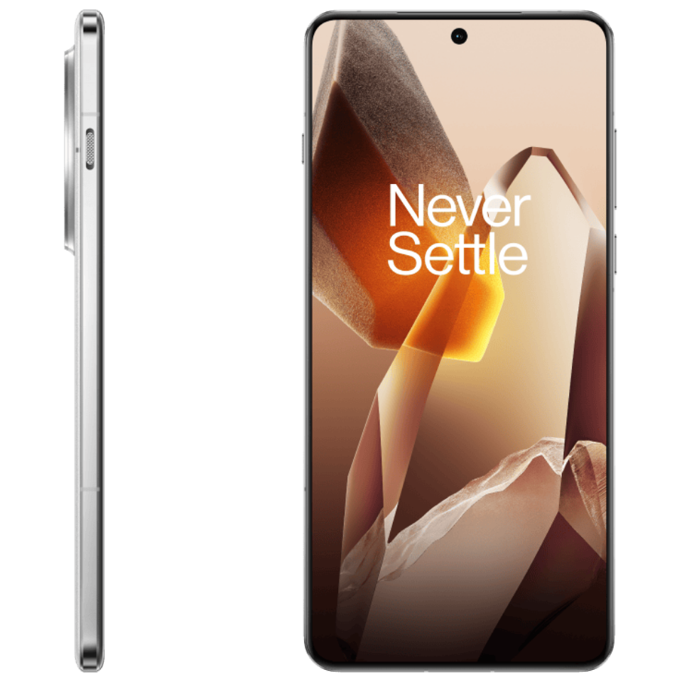 Smartphone with 'Never Settle' slogan on screen, showing front and side views.