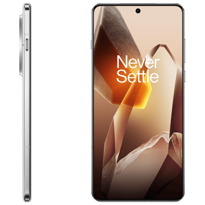 Smartphone with 'Never Settle' slogan on screen, showing front and side views.