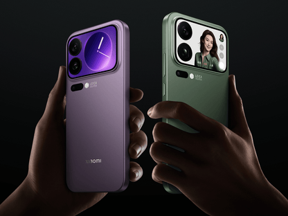 Two xiaomi 17 pro smartphones, one purple and one green, held by hands against a dark background.